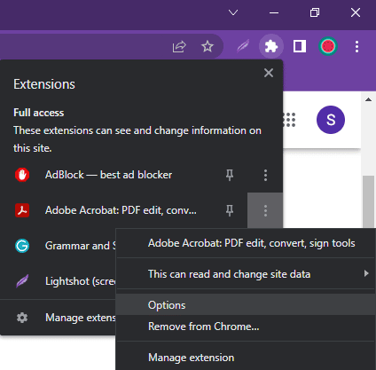 Some extensions have additional options