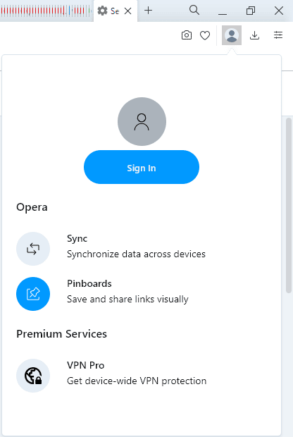 “Sign In” button in the Opera browser