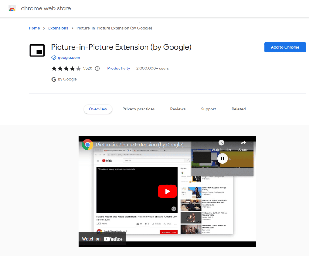 Picture-in-Picture Extension (by Google) in the Chrome Web store