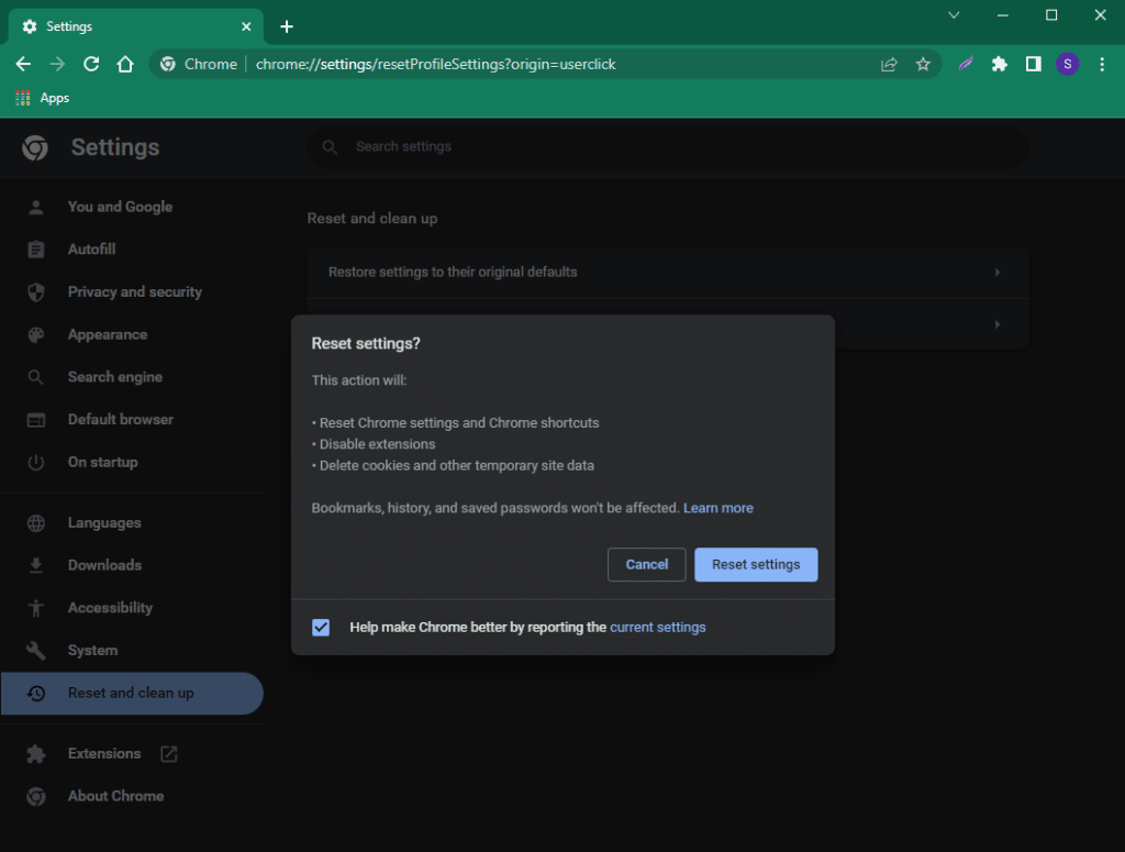 Press the button to reset Chrome settings to their defaults