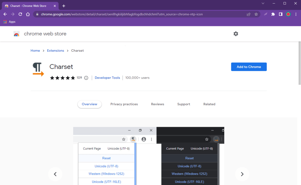 The Charset extension in the Chrome Web store