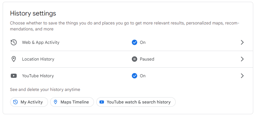 Google account history settings