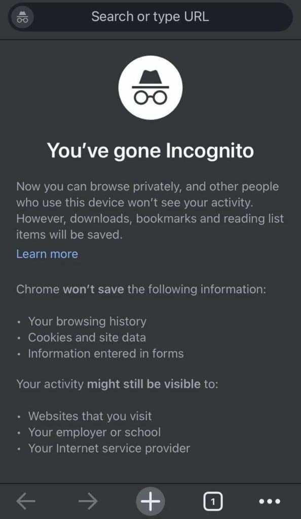 Incognito mode is on