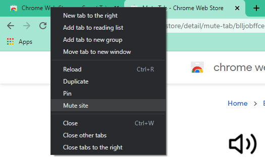“Mute site” option added by the Mute Tab extension