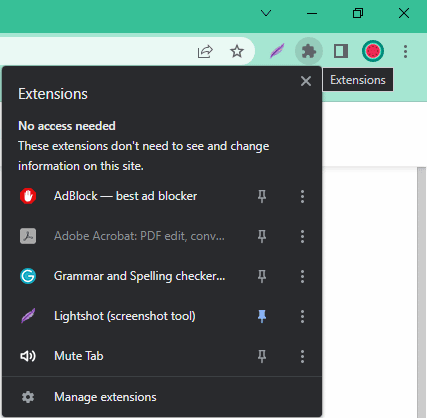 Active extensions under the Extension button