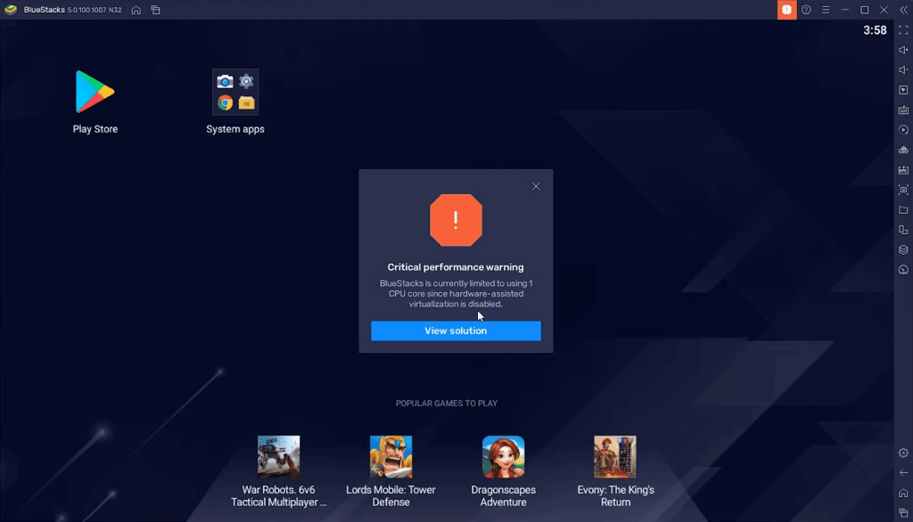 Why can't the BlueStacks virtualization engine start up