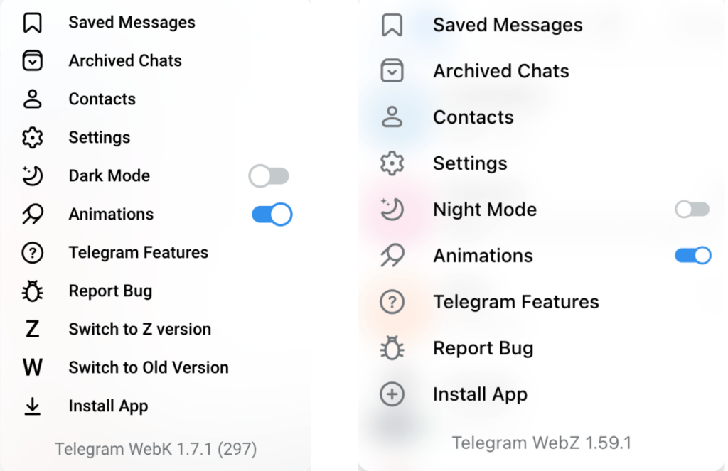 Telegram WebK und WebZ Menü